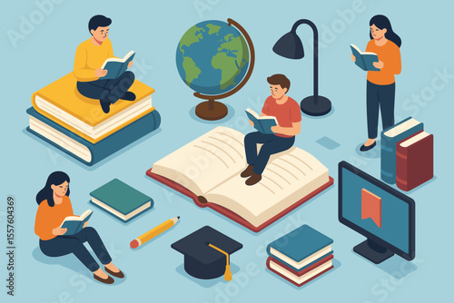 Isometric education and learning concept with students reading books, studying, globe, graduation cap, computer, lamp, pencil, academic success, online and traditional study illustration