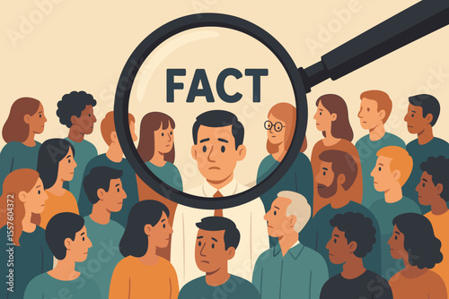 Magnifying glass searching for truth among diverse crowd. Fact finding, investigation, analysis, research concept. Group of people, scrutiny, evidence, information, cartoon vector illustration.