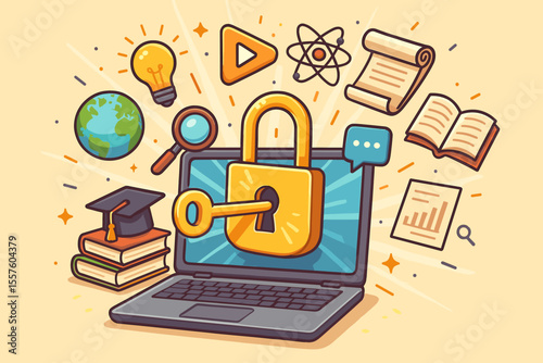 Laptop unlocking access to digital knowledge, online education, e-learning resources, science, research, books, global learning, innovation, security, internet education vector illustration