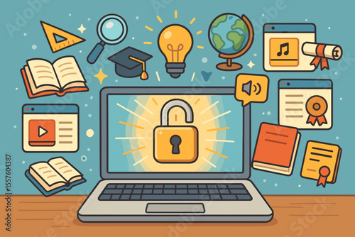 Laptop unlocking access to digital knowledge, online education resources, e-learning tools, books, certificates, video, audio, graduation, global learning, cartoon vector illustration