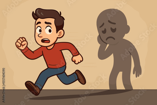 Cartoon man running away from sad shadow, mental health anxiety concept, escaping depression, emotional struggle, inner fear, psychology metaphor, stress illustration, vector art