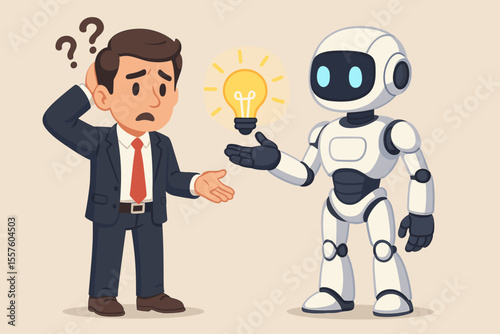 Artificial Intelligence Robot Assisting Confused Businessman with Innovative Solutions, Light Bulb Idea, Modern Technology Support, Problem Solving, Vector Cartoon Illustration