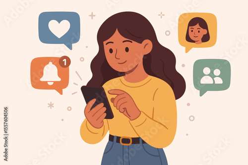 Young Woman Using Smartphone for Social Media Communication. Notifications, Messages, Friends, Online Chat, Digital Connection, Modern Technology, Internet Interaction. Vector Illustration