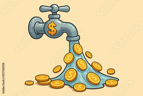 Financial abundance concept. Money faucet with dollar sign. Flowing gold coins and water. Passive income, cash flow, investment, wealth creation, savings metaphor. Vector cartoon illustration.