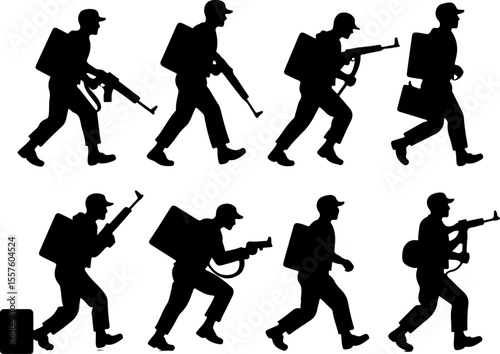Soldier Silhouettes with Weapons and Gear vector