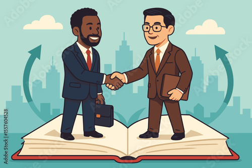 Multicultural business leaders handshake partnership on open book, corporate agreement, teamwork, diversity, urban cityscape, business negotiation, vector cartoon illustration concept