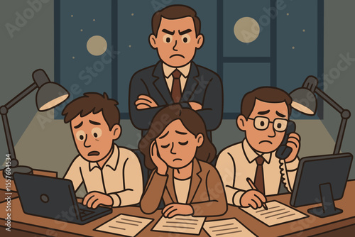 Overtime office teamwork under strict supervisor at night. Cartoon vector illustration of stressed business employees working late, deadline pressure, corporate workplace, busy team collaboration