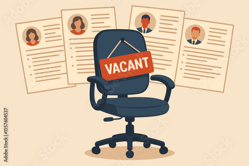 Office chair vacancy recruitment concept with empty swivel chair, candidate resumes, job interview, hiring process, human resources, employment opportunity, HR selection vector illustration