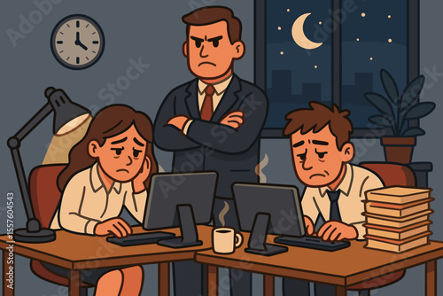 Overtime office workers under strict supervisor, late night deadline, stressful workplace, teamwork, computer screens, paperwork, coffee, business pressure, corporate environment, cartoon vector