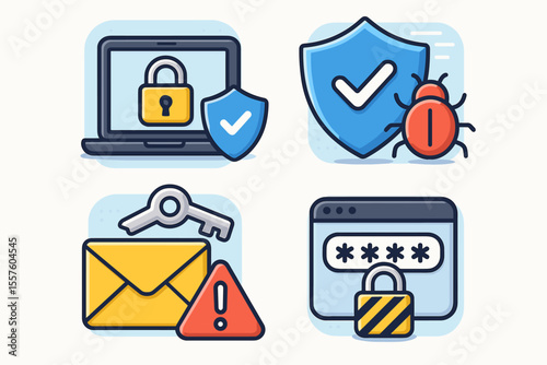 Cybersecurity Data Protection Icons Set. Cartoon Vector Illustrations of Secure Login, Password Lock, Antivirus Shield, Email Encryption, Online Privacy, Malware Alert, Internet Safety Concepts