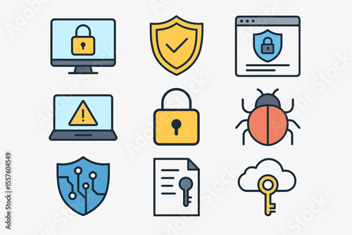 Cybersecurity Data Protection Icons Set. Computer Security, Network Shield, Lock, Virus, Malware, Cloud Key, Encryption, Warning Alert, Secure Document, Digital Safety Vector Illustration