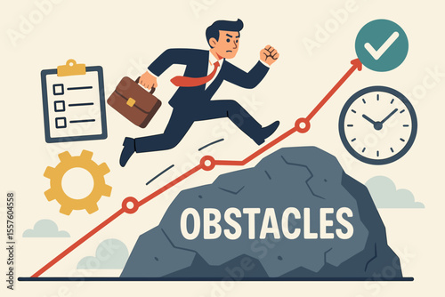 Businessman Overcoming Obstacles and Challenges, Achieving Success, Climbing Career Growth Path, Productivity, Workflow Efficiency, Time Management, Goal Achievement, Motivation, Vector Illustration
