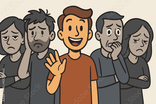 Optimistic happy individual standing out from group of pessimistic anxious people. Unique positive character, confidence, self-esteem, mental health, individuality, cartoon vector illustration