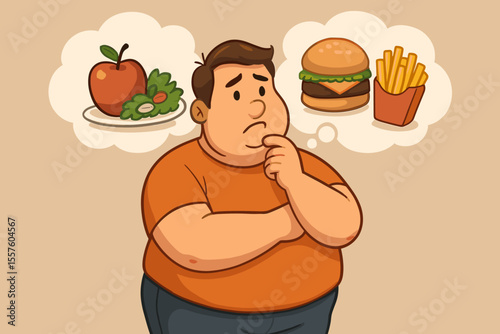 Overweight man making difficult food choice between healthy salad apple and unhealthy burger fries. Concept of diet dilemma, nutrition decision, weight loss, healthy eating habits, lifestyle change