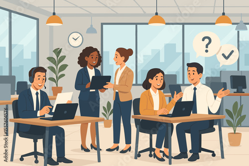 Modern open office workspace with diverse businesspeople collaborating, teamwork, customer service, communication, computer technology, professional staff, corporate environment, vector illustration