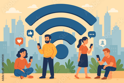 Urban city people using smartphones with large Wi-Fi symbol. Social media interaction, wireless internet connection, digital communication, online community, technology lifestyle vector illustration