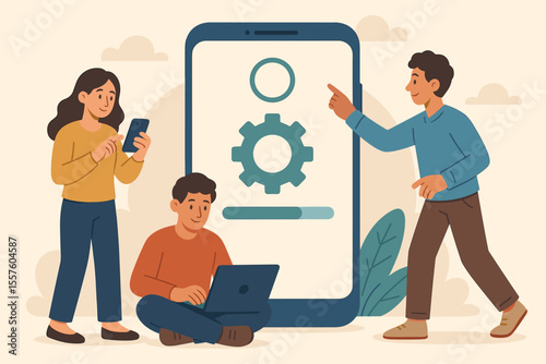 Teamwork concept for updating system software on mobile devices. Cartoon people with smartphone, laptop, gear icon, progress bar. Digital technology, app development, user interface illustration