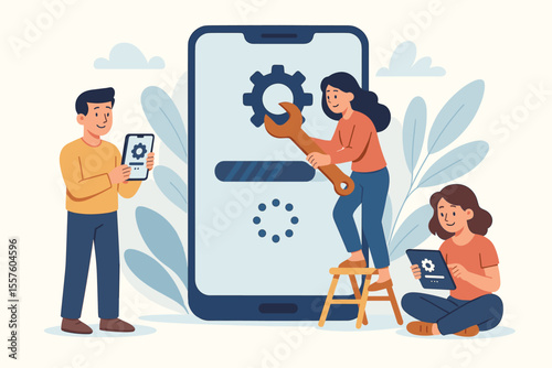 Teamwork updating system software on mobile devices. Cartoon people installing app updates, fixing bugs, maintaining smartphone, tablet, technology support, digital maintenance, vector illustration