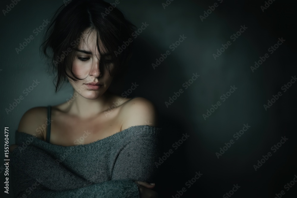 Fototapeta premium Tense woman in charcoal interior, arms clutching herself with quiet guilt