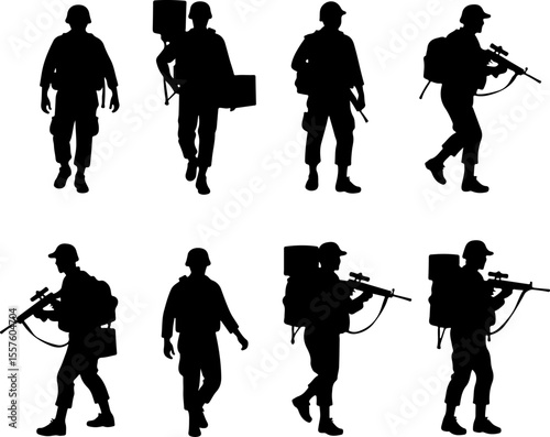 Soldier Silhouettes with Weapons and Gear vector