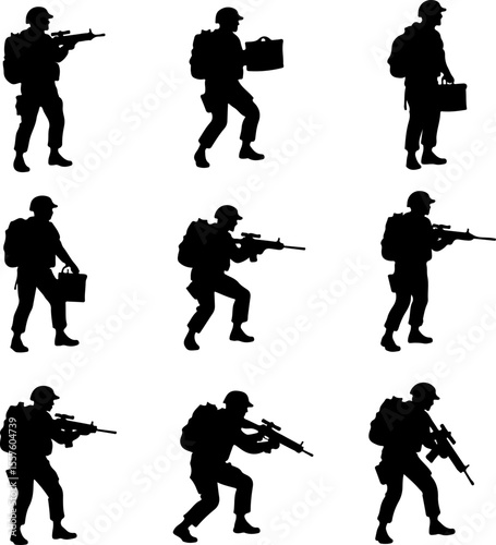 Soldier Silhouettes with Weapons and Gear vector