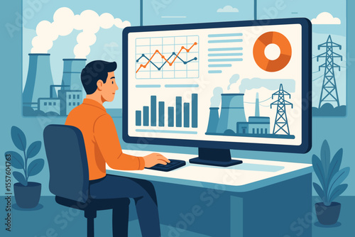 Power plant data analysis with advanced computer systems for efficient energy management. Engineer monitors power generation, charts, graphs, electricity, industry, technology, vector illustration