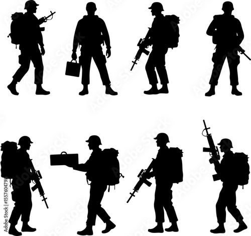 Soldier Silhouettes with Weapons and Gear vector