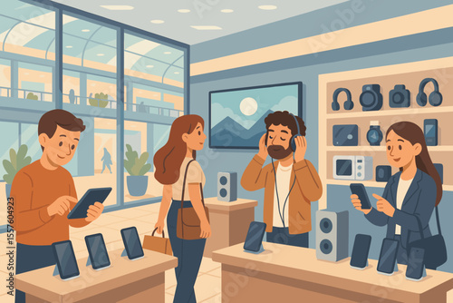 People Shopping for Electronics in Modern Mall Store. Vector Illustration of Customers Testing Smartphones, Headphones, Gadgets, Devices, Tablets, Speakers, and Cameras in Retail Technology Shop