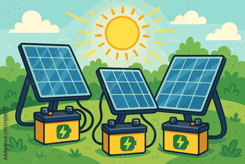 Solar panels charging batteries under bright sun, renewable energy storage, clean electricity, eco-friendly technology, sustainable power generation, cartoon vector illustration outdoor nature