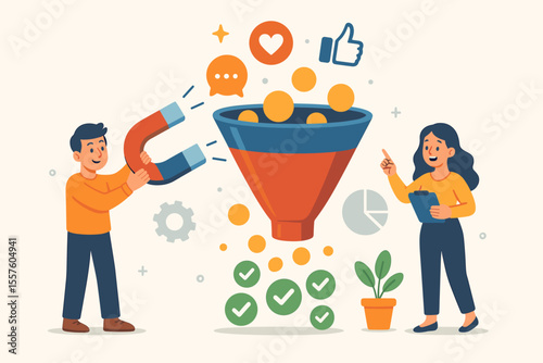 Social media marketing funnel attracting qualified leads. Vector illustration of people generating prospects with magnet, conversion optimization, engagement, analytics, digital advertising concept