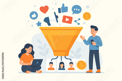 Social media marketing funnel concept. Digital lead generation, online advertising, customer acquisition, conversion strategy. Cartoon vector illustration with people, laptop, icons, money, audience