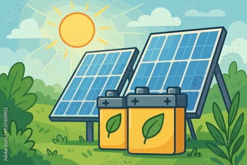 Solar panels and eco-friendly batteries charging in sunlight, renewable energy storage, green power generation, sustainable electricity, clean technology, cartoon vector illustration landscape