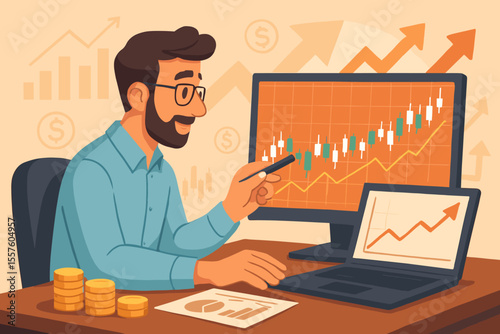 Financial analyst examining stock market charts, investment trends, and trading patterns at desk with computer, laptop, and coins. Business growth, profit, finance strategy vector illustration