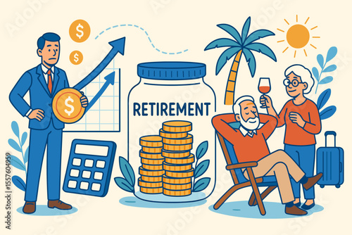 Retirement Planning and Financial Investment Vector. Senior Couple Relaxing, Vacation, Wealth Management, Savings Growth, Money Jar, Advisor, Calculator, Palm Tree, Relaxed Lifestyle, Sunny Holiday