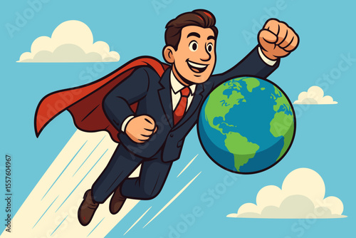 Businessman superhero flying with red cape, holding globe Earth, symbolizing global leadership, responsibility, business success, international teamwork, corporate hero concept, vector cartoon