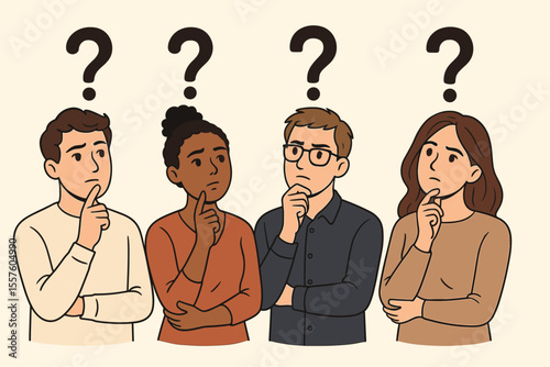 Diverse group of thoughtful people thinking with question marks overhead. Problem solving, decision making, confusion, brainstorming, uncertainty, teamwork. Vector cartoon illustration.