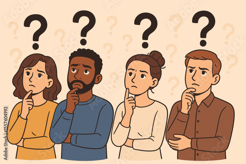 Diverse group of people thinking, pondering, making decisions, question marks above heads, problem solving, curiosity, confusion, brainstorming, decision-making, vector illustration
