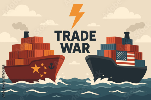 China US Trade War Concept Vector. Cargo Ships with Shipping Containers, National Flags, Economic Conflict, Import Export Dispute, International Business Rivalry, Maritime Commerce Illustration