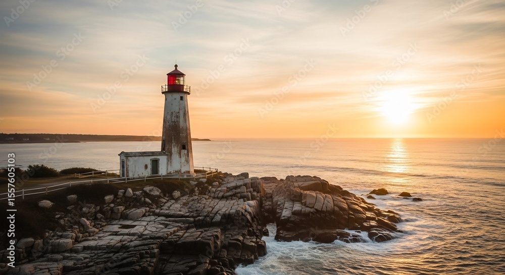 A lighthouse stands on a rocky coast as the sun rises over the ocean, casting a warm glow. A lighthouse stands on a rocky coast as the sun rises over the ocean, casting a warm glow.