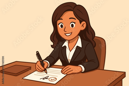 Confident businesswoman signing contract at office desk. Female executive in suit completing paperwork. Professional agreement, deal, signature, negotiation, corporate success. Vector illustration.