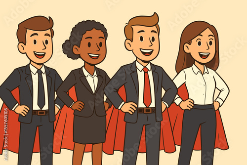 Diverse business team cartoon illustration, young professionals in suits and red superhero capes, leadership, teamwork, empowerment, corporate success, office heroes, motivation, vector art