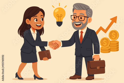 Businesswoman and Investor Shaking Hands, Successful Partnership Negotiation, Financial Growth, Investment Deal, Cartoon Vector, Money Coins, Arrow Up, Lightbulb Idea, Collaboration Concept