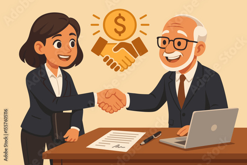 Businesswoman and Investor Handshake, Signing Partnership Agreement, Successful Deal Negotiation, Office Meeting, Financial Investment, Collaboration Concept, Vector Cartoon Illustration