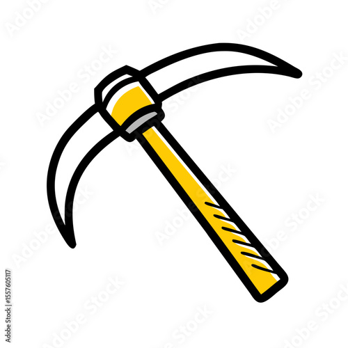 Yellow pickaxe with curved blade and textured handle  