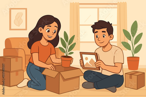 Young couple unpacking moving boxes in cozy new apartment living room, starting fresh chapter together, organizing home decor, potted plants, framed photo, relocation, vector cartoon illustration