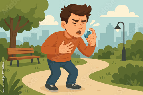 Cartoon man having asthma attack using inhaler in city park. Breathing difficulty, chest pain, emergency medical help. Urban outdoor health crisis, respiratory disease awareness vector illustration