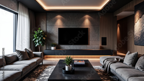 Sleek Bachelor Pad Living Room with a Modern Design and Big Screen TV