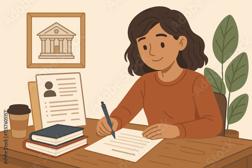 Student writing personal statement for university application. Woman at desk crafting essay for college admission. Candidate prepares resume or CV. Education and career concept.