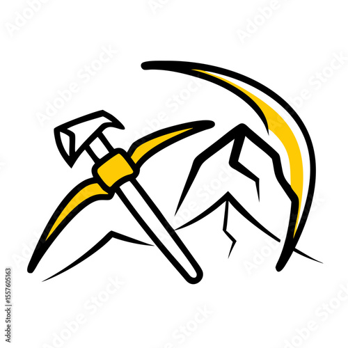 Mining tools with pickaxe and hammer against mountain background  