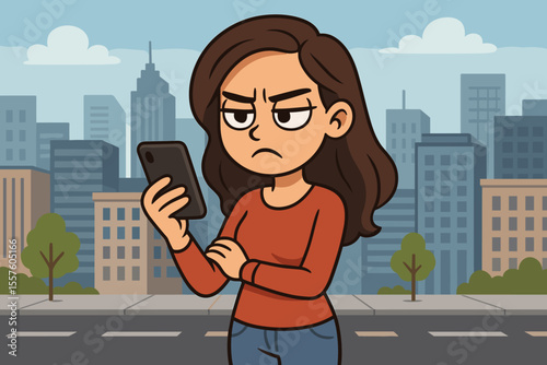 Frustrated woman looking at smartphone with angry expression on urban street. Upset cartoon character reading bad news, negative message or having a technical problem with phone.